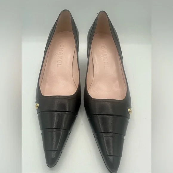 Chanel kitten heels brown leather pumps shoes classic - Picture 1 of 11